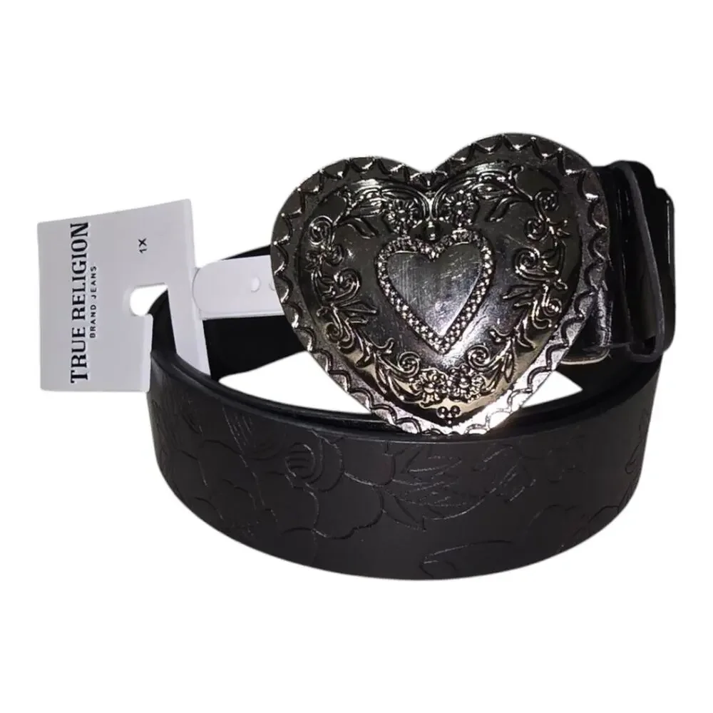 True Religion Womens 1X Black Floral Embossed Belt Silver Heart Buckle NWT